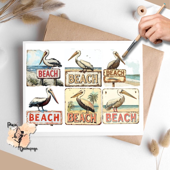 Pelican on Beach Sign Decoupage Paper US Letter Size, Shipped to