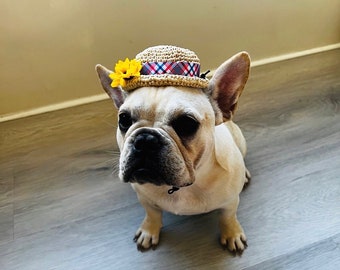 Handmade Sunflower Straw Hats for French Bulldogs