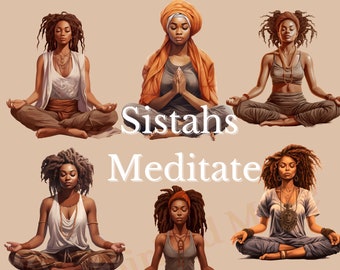 Meditation Clipart| Yoga Pose and Mindfulness| African American Women Meditating| Black Girl Meditate| Transparent PNGs| for commercial use