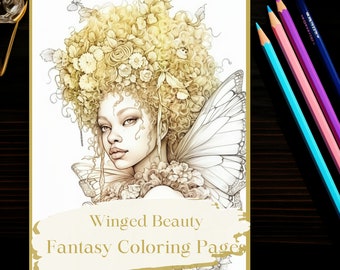 May include: A fantasy coloring book, titled "Winged Beauty", depicts a woman with butterfly wings and floral hair. The image is accompanied by coloured pencils in shades of blue, purple, and teal, arranged on a dark wooden surface.