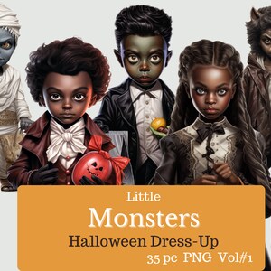 Halloween/ Pequeños Monstruos/ Niños Afroamericanos/ Clipart/ Momias Vampiros Frankenstein Hombres Lobo Zombis/ Descarga Digital