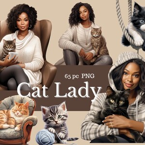 Katzendame| Schwarze Frau mit Katze| Katzenliebhaber | Afroamerikanische Katzendame | Verrückte Katze Ladyl Clipart | Kommerzielle Nutzung| Digitaler Download