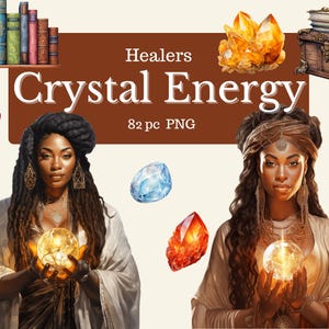 Puede incluir: Ilustración digital con dos mujeres sosteniendo orbes brillantes, rodeadas de cristales, libros y un cofre del tesoro. El texto dice "Healers Crystal Energy 82 pc PNG". La imagen tiene un tema místico y espiritual.