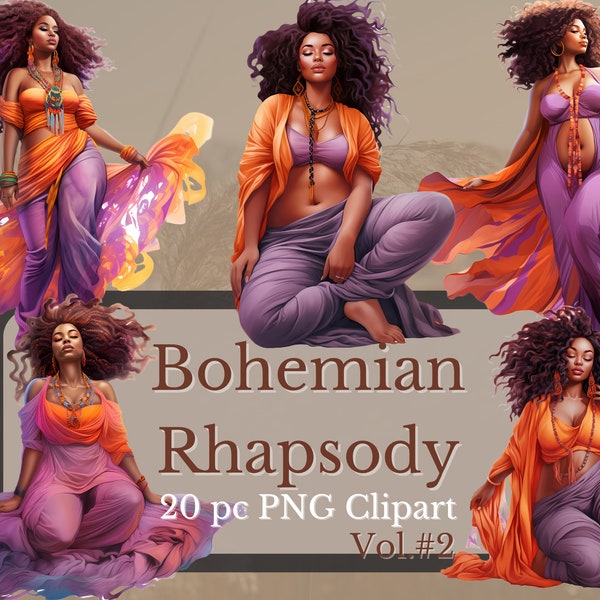 Bohemian Rhapsody 2 PNGs| Boho clipart| Black Women Bohemian ClipArt| Digital Stamp| Digital Download|  Transparent PNGs| for commercial use