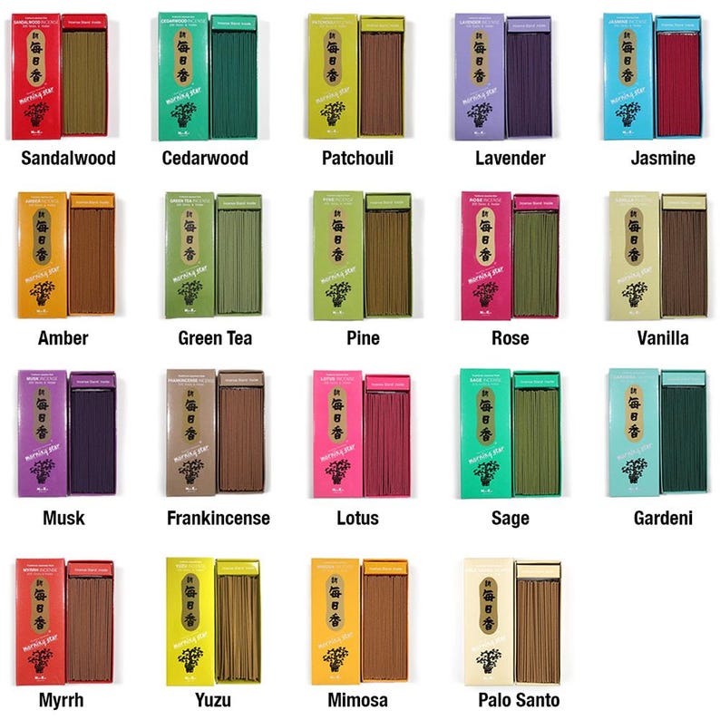 May include: A collection of 16 different incense sticks in boxes with various scents, including sandalwood, cedarwood, patchouli, lavender, jasmine, amber, green tea, pine, rose, vanilla, musk, frankincense, lotus, sage, gardenia, myrrh, yuzu, mimosa, and palo santo.