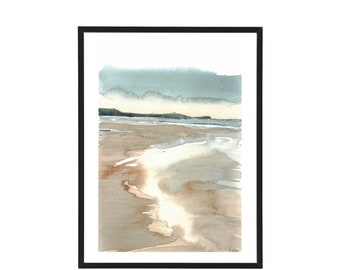 Strand Normandie Frankreich Kunstdruck/ Europa Meer La Manche/ original Aquarell Architektur Skizze Malerei/ Geschenk/ Wand Kunst/ Wohndekoration