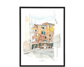 Italien Stadt / Europa Stadt / Stadt urbane Architektur /original Aquarell Kunstdruck / Wandkunst/ HOMEDECOR