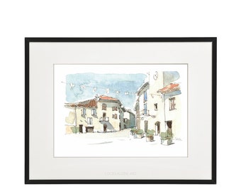 Frankreich Dorf Kunstdruck/Europa Stadt/ original Aquarell Architektur Skizze Malerei/ Geschenk / Wand Kunst/HOMEDECOR