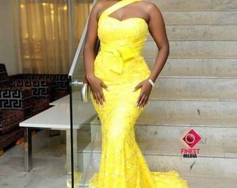 Yellow sleeveless, Aso Ebi Lace Mermaid, Prom Gown, Long African Party Dress, Nigerian Women Dress, dinner gown,wedding dress, elegant dress