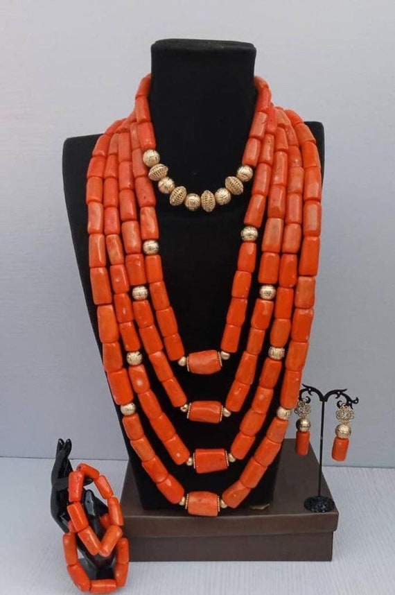 African Coral Bead Necklace Jewelry Long Coral Necklace For Wedding JW1414  | LaceDesign