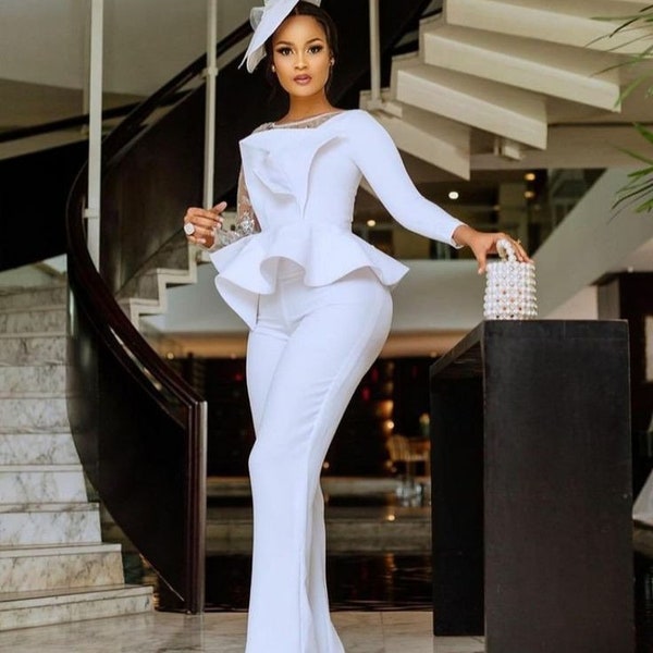 White jumpsuit, peplum jumpsuit, wedding jumpsuit, African women clothing, African fashion, dinner date, special occasion, prom romper