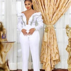 GoldenAfricanStore White Women Jumpsuit Wedding Pantsuit Formal Jumpsuit Dinner Jumpsuit Solid Bridal Jumpsuit Jumpsuits and Rompers Party Romper