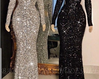 Prom dresses, evening wear, sequins prom dresses, Glitter Long Sleeve V-Neck Black Gray Sequin Dress, Party Maxi Dress, dinner dress, curvy