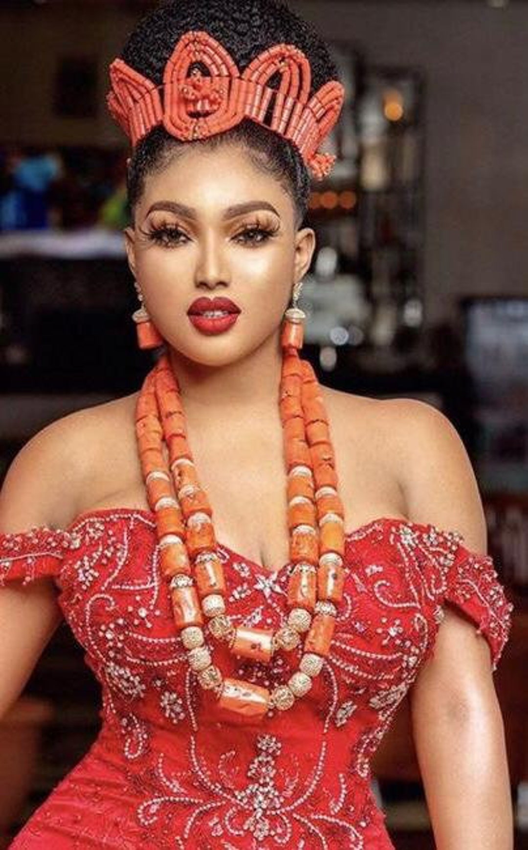 Traditonal Big Coral Bead Nigerian Necklace, Luxury African Wedding Jewelry Set Jw1406