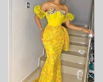 African Lace  Dress, Aso ebi party outfit, Nigerian wedding attire, corset lace style, yellow floor length dress, owanbe gown, prom dress