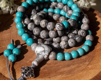 Perles mala en magnésite bleue, collier bouddhiste en jaspe gris, noeud infini