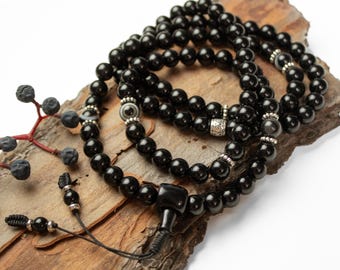 Perles de mala en onyx noir | Perles de prière en agate 108, chakra racine