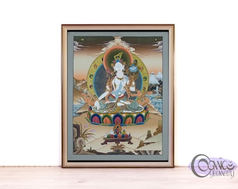 Tableau Tara Thangka en or blanc 24 carats | Art tibétain peint à la main