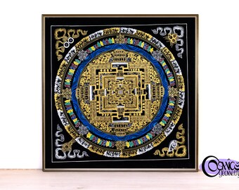 Peinture Mandala Thangka Kalachakra | Art bouddhiste noir et or