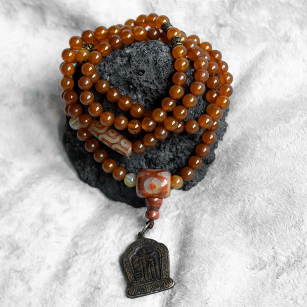 Agate Mala Beads with Kalachakra Brass Pendant | Buddhist Mala Necklace 108 Natural Stone Beads & Tibetan Agate Dzi | Mantra, Yoga, Tantra