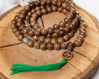 Collier de 108 perles Mala en bois | Agate du Tibet Dzi, Yoga Méditation