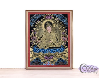 Guru Rinpoché Padmasambhava | Peinture tibétaine | Thangka (Thanka) Peinture | Noir et or | Décoration murale