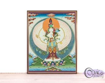 Thangka de Chenrezig fait main | Peinture bouddhiste tibétaine, décoration yoga