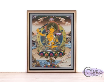 Peinture Manjushri Thangka en or 24 carats | Art tibétain artisanal