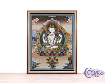 Peinture Chenrezig Thangka en or 24 carats | Art tibétain peint à la main