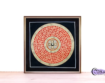 Mandala Thangka Om rouge et or : art bouddhiste tibétain peint à la main