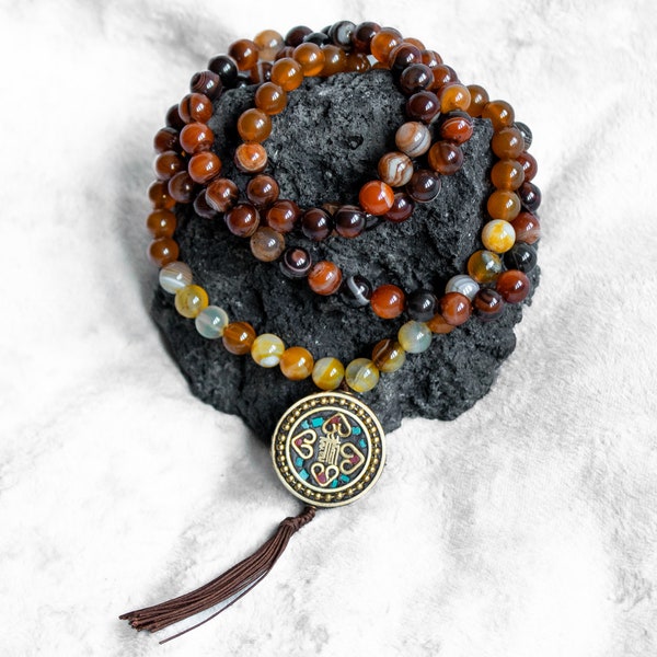 Kalachakra Mala Beads: Yellow & Brown Agate with Tibetan Pendant | Buddhist Necklace for mantra, tantric meditation and yoga | Buddha Dharma