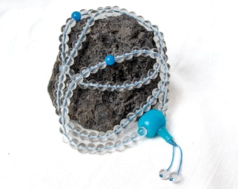 Perles de mala en verre cristal : perle de gourou en jade bleu, collier de prière 108