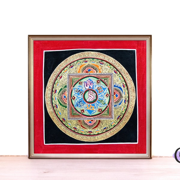 Small Mandala Om Mani Padme Hum | Chenrezig Thangka | Compassion Yoga Meditation | Wall Hangings | Sacred Geometry | Tibetan Art from Nepal