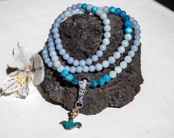 Perles de mala en angelite aigue-marine, pendentif Dakini turquoise en argent sterling