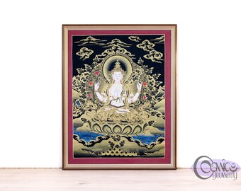 Peinture Thangka de Chenrezig | Art tibétain doré et noir, Avalokiteshvara