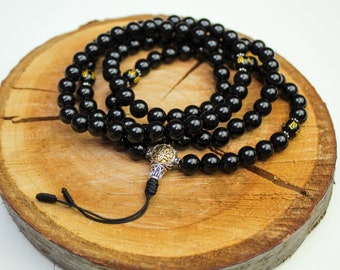 Perles de mala en onyx noir | Collier de prière bouddhiste 108, Om Mani