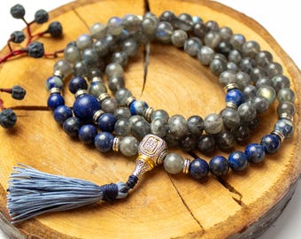 Perles de mala en labradorite et lapis-lazuli | Symbole du protecteur de la richesse