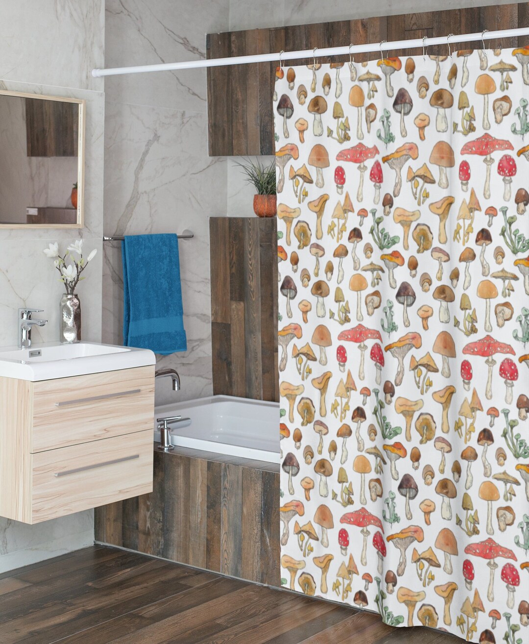 Midcentury Modern Mushroom Shower Curtain, Hipster Bathroom, Retro Boho