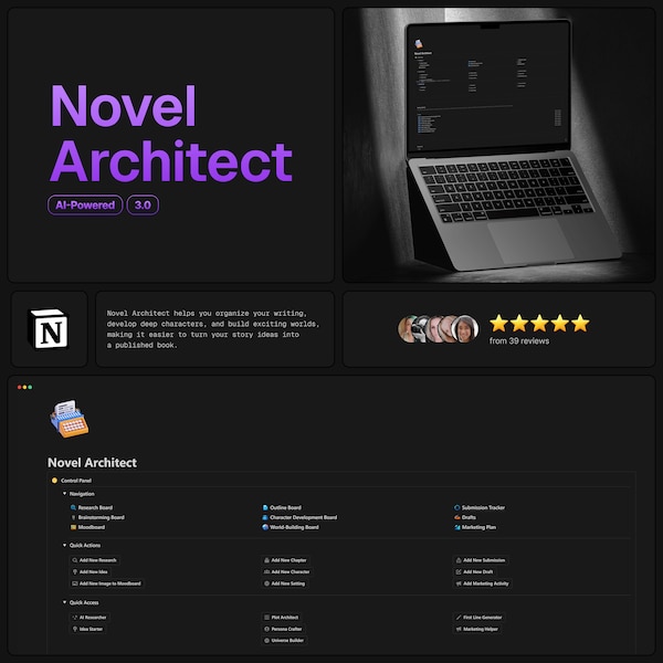 AI-Powered Novel Architect Notion Template - Author Planner - Worldbuilding & Character Development Tool - Book Writing Planner