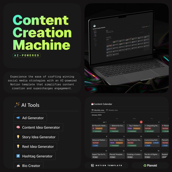 Content Creation Machine Notion Template - AI-Powered Content Planner & Calendar: Ultimate Tool for Social Media Creators