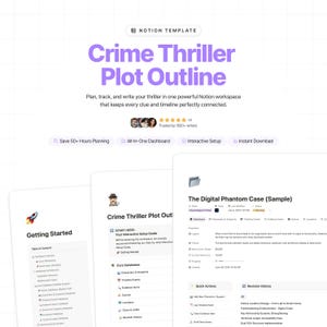 Może przedstawiać: Cyfrowy szablon Notion zatytułowany "Crime Thriller Plot Outline" z fioletowym tytułem. Szablon obiecuje pomóc użytkownikom w planowaniu i śledzeniu ich historii kryminalnych. Obraz pokazuje pulpit nawigacyjny, interaktywną konfigurację i natychmiastowe pobieranie.