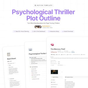 May include: A digital template for a "Psychological Thriller Plot Outline" with the tagline "Turn Mind-Bending Ideas Into Page-Turning Thrillers." It features interactive dashboards and guides for writers. The color scheme is white and purple.