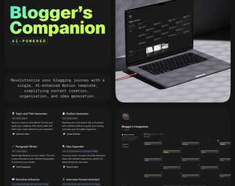 Modèle de planificateur de blogs AI Companion Notion de Blogger avec calendrier de contenu éditorial pour une organisation et une créativité améliorées