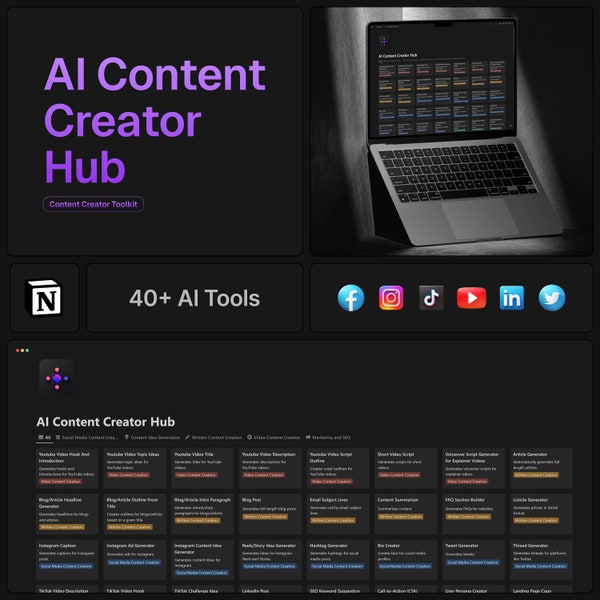 AI Content Creator Hub Notion Template - The Ultimate Content Creator Toolkit - A Must-Have AI Tools for Creators