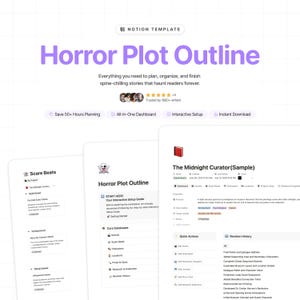 Peut inclure: Modèle Notion numérique intitulé "Horror Plot Outline" avec un titre violet et un fond blanc. Le modèle promet d'aider les utilisateurs à planifier et à organiser des histoires effrayantes. Comprend un tableau de bord et une configuration interactive.