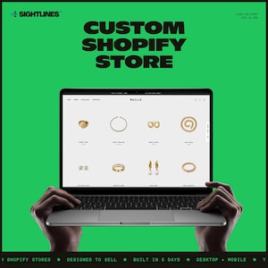 Könnte beinhalten: Ein Laptop zeigt einen Shopify-Shop namens MAILLE mit einer Schmuckkollektion auf leuchtend grünem Hintergrund. Der Bildschirm zeigt verschiedene goldene Ringe, Halsketten und Ohrringe. Oben steht der Text CUSTOM SHOPIFY STORE und SIGHTLINES.