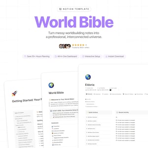Welt Bibel Notion Vorlage für Autoren | Vollständiges Weltenbau System | Charakterentwicklung, Magisches System, Kultur & Geschichtsbauer