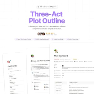 Modèle de notion de contour de parcelle en trois actes | Tableau de bord complet de planification de romans pour les écrivains et les auteurs