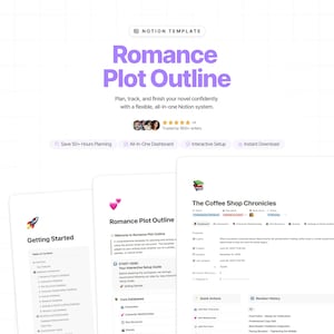 Puede incluir: Una plantilla digital de Notion titulada "Romance Plot Outline" con un título púrpura y fondo blanco. La plantilla promete ayudar a los usuarios a planificar, rastrear y terminar sus novelas. Incluye un panel todo en uno y una configuración interactiva.