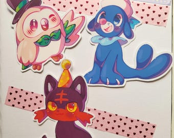 Rowlet Litten and Popplio Vinyl Sticker /Journal Aufkleber, Planner Sticker, Scrapbook Sticker, Bauz, Robball, Flamiau, Alola Starter